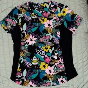 Cherokee Black Scrub Top with Colorful Koala & Panda  Floral Print